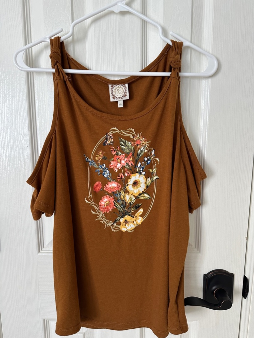 Floral Cold-Shoulder Tank in Brown with Knotted Straps